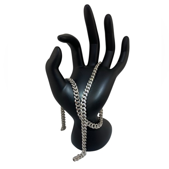 BSI 925 Sterling Reversible Rhinestone Polished Curb Chain Choker Necklace 17" - Picture 6 of 16